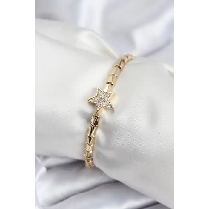 Pirinç VIP Seri Gold Renk Zirkon Taşlı Yıldız Model Kadın Bileklik