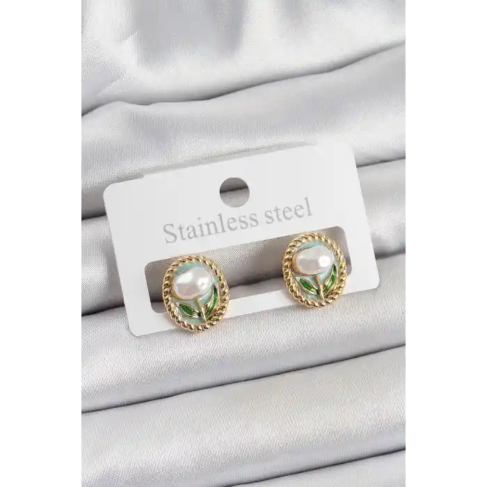 Pirinç Yeşil Mineli Lale Figürlü Sanatsal Portre Model Gold Renk Kadın Küpe