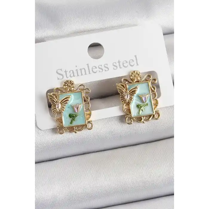 Pirinç Yeşil Mineli Sanatsal Portre Model Gold Renk Kadın Küpe