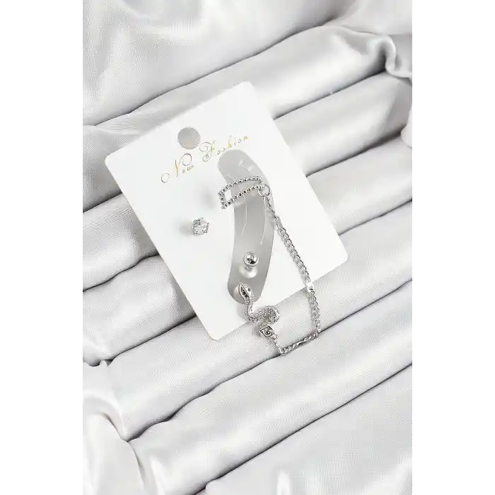 Pirinç Yılan Figürlü Zirkon Taşlı Gümüş Renk 3lü Kıkırdak Kadın Küpe Set