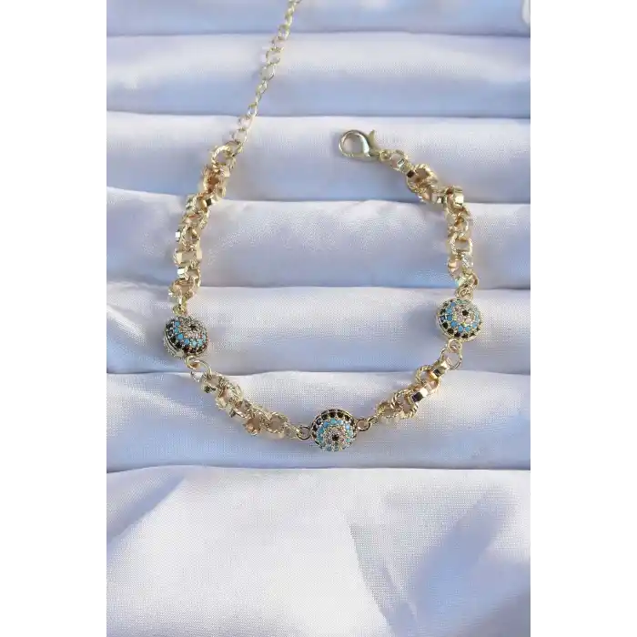 Pirinç Zincir Vip Seri Altın Renk Zirkon Taşlı Nazarlı Bileklik