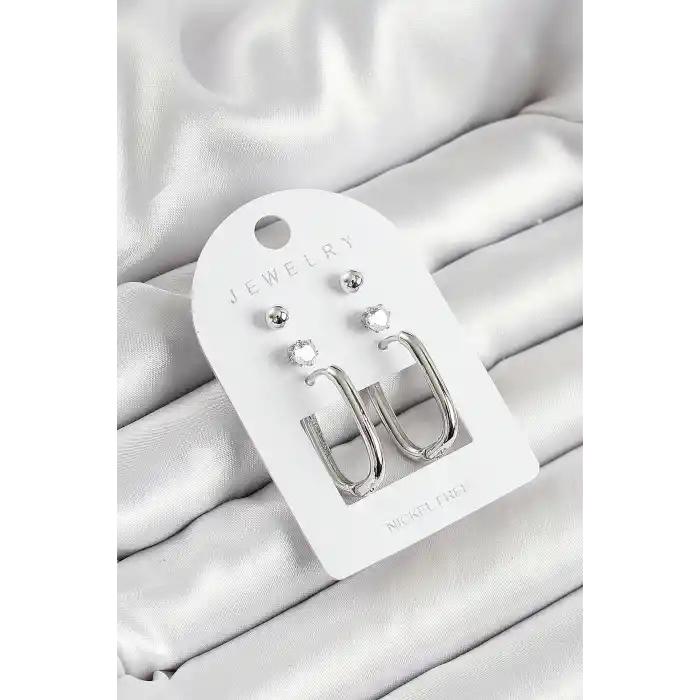 Pirinç Zirkon Taş Ve Dikdörtgen Figürlü Gümüş Renk 3lü Çift Kadın Küpe Set