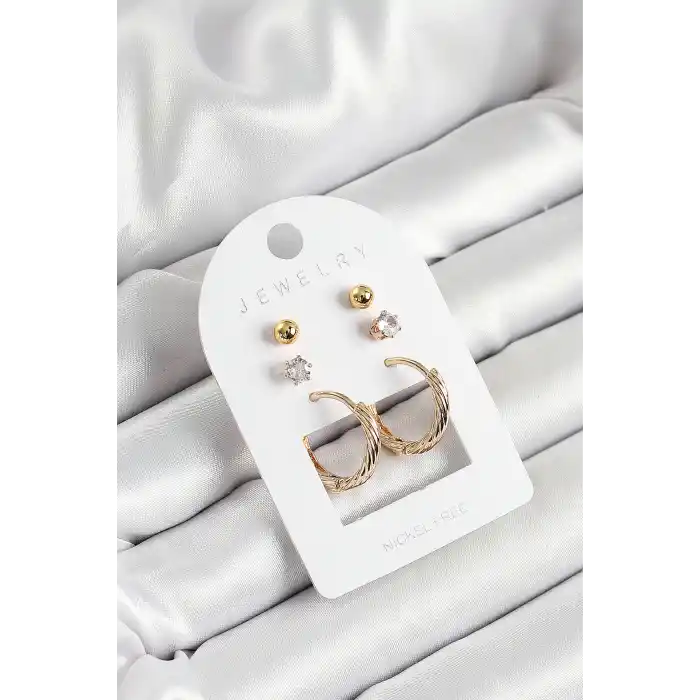 Pirinç Zirkon Taş Ve Halka Figürlü Gold Renk 3lü Çift Kadın Küpe Set