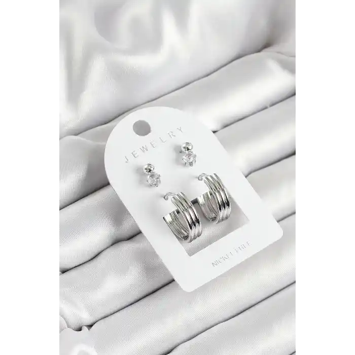 Pirinç Zirkon Taş Ve Halka Figürlü Gümüş Renk 3lü Çift Kadın Küpe Set