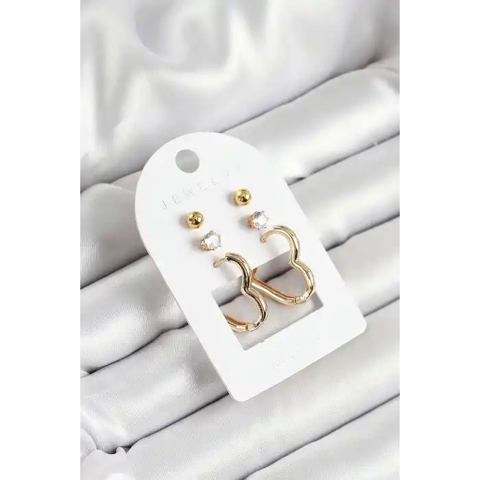 Pirinç Zirkon Taş Ve Kalp Figürlü Gold Renk 3lü Çift Kadın Küpe Set