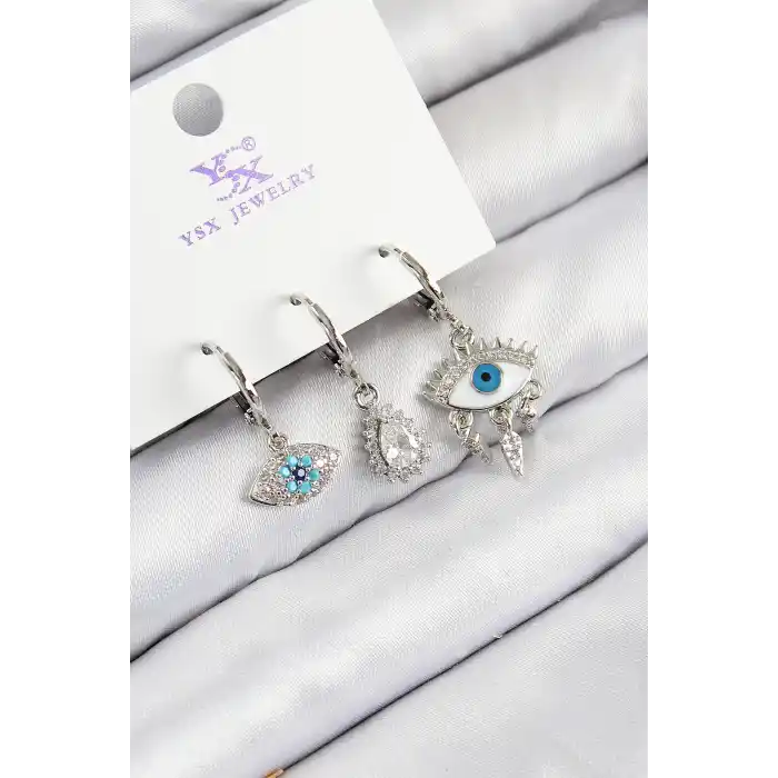 Pirinç Zirkon Taşlı 3lü Fatmanın Gözü Model Gümüş Renk Kadın Küpe