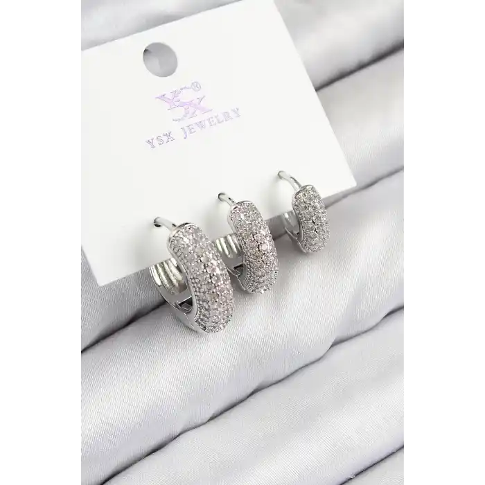 Pirinç Zirkon Taşlı 3lü Halka Model Gümüş Renk Kadın Küpe