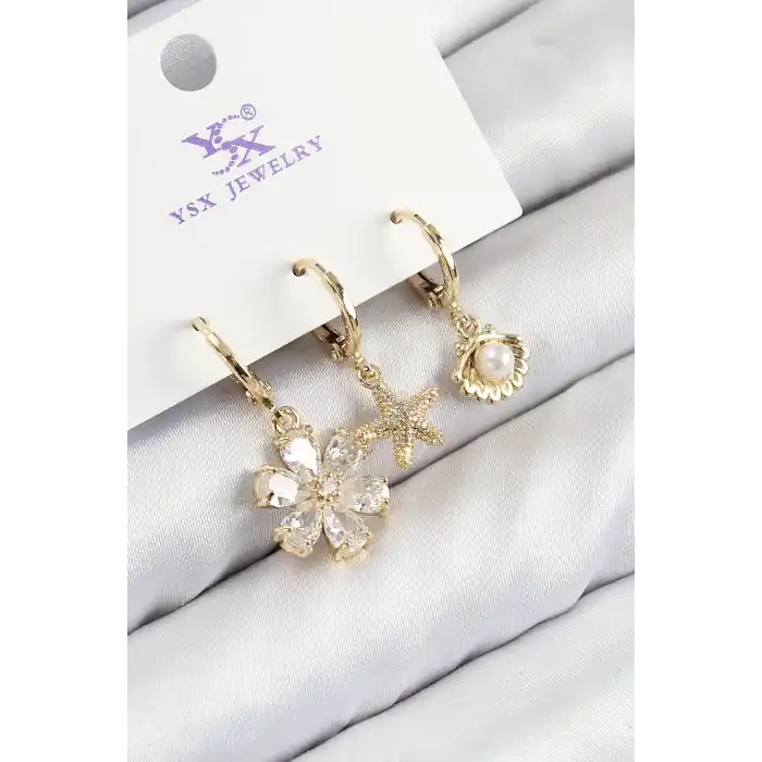 Pirinç Zirkon Taşlı 3lü İstiridye Ve Çiçek Model Gold Renk Kadın Küpe