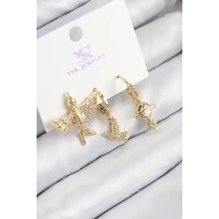Pirinç Zirkon Taşlı 3lü Kuş Model Gold Renk Kadın Küpe