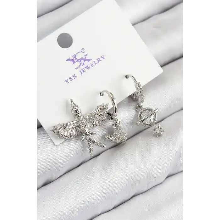 Pirinç Zirkon Taşlı 3lü Kuş Model Gümüş Renk Kadın Küpe