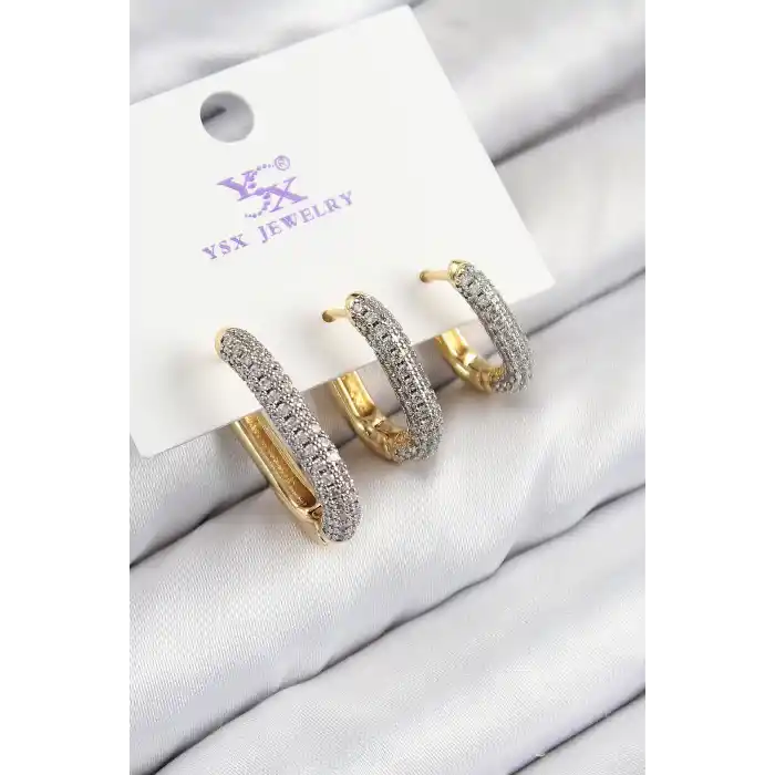 Pirinç Zirkon Taşlı 3lü Oval Dikdörtgen Model Gold Ve Gümüş Renk Kadın Küpe