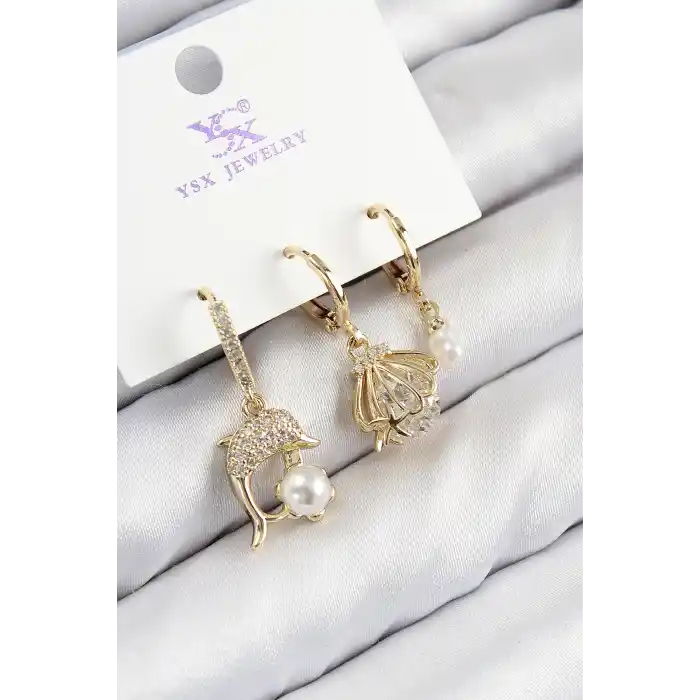 Pirinç Zirkon Taşlı 3lü Yunus Balığı Ve İstiridye Model Gold Renk Kadın Küpe