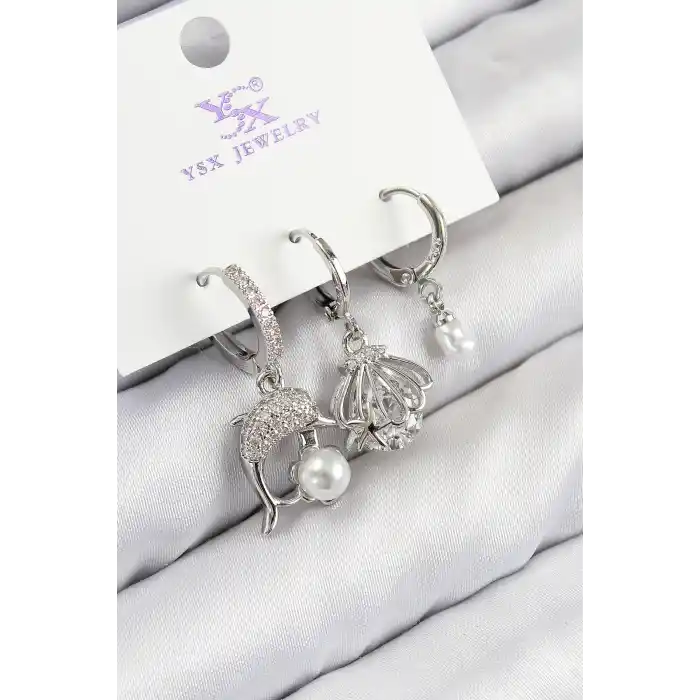 Pirinç Zirkon Taşlı 3lü Yunus Balığı Ve İstiridye Model Gümüş Renk Kadın Küpe