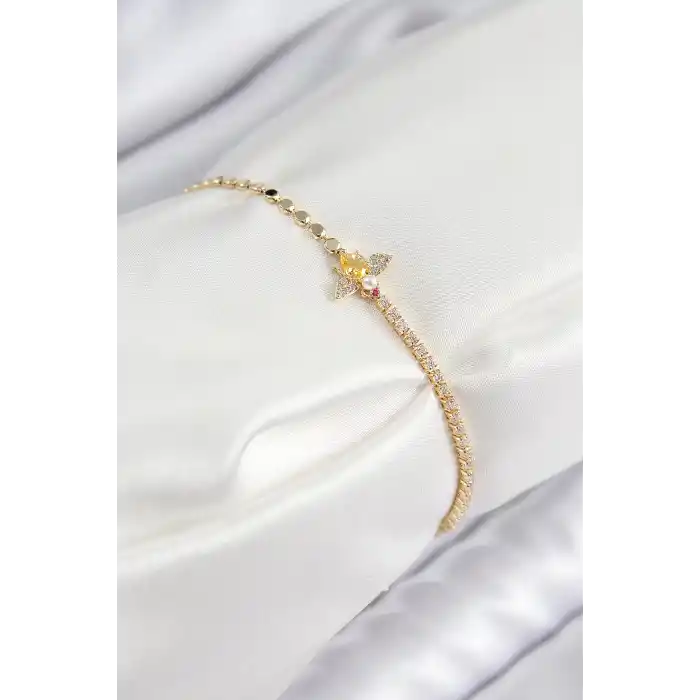 Pirinç Zirkon Taşlı Arı Model Ezme Zincir Gold Renk Kadın Bileklik
