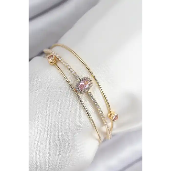Pirinç Zirkon Taşlı Baget Model Gold Renk Kadın Bileklik