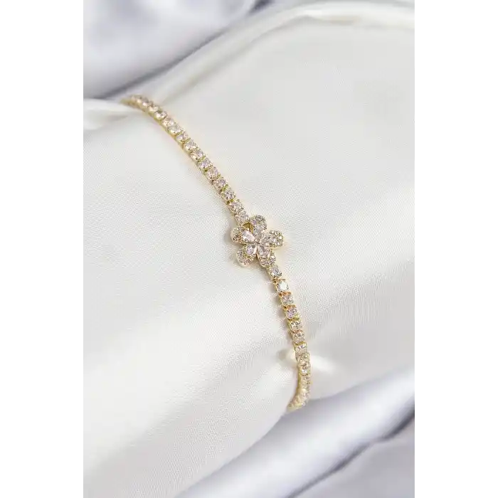 Pirinç Zirkon Taşlı Çiçek Model Gold Renk Kadın Bileklik