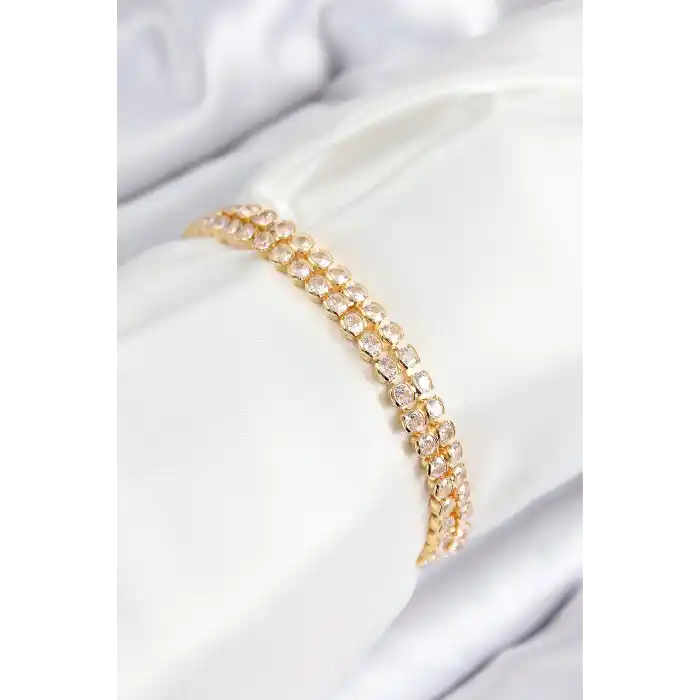 Pirinç Zirkon Taşlı Çift Sıra Model Gold Renk Asansörlü Kadın Bileklik