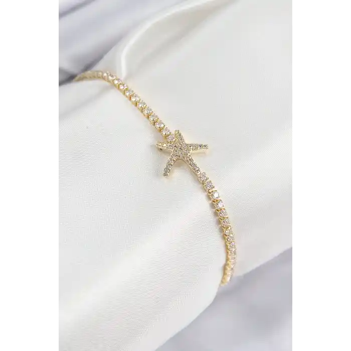 Pirinç Zirkon Taşlı Deniz Yıldızı Model Gold Renk Kadın Bileklik