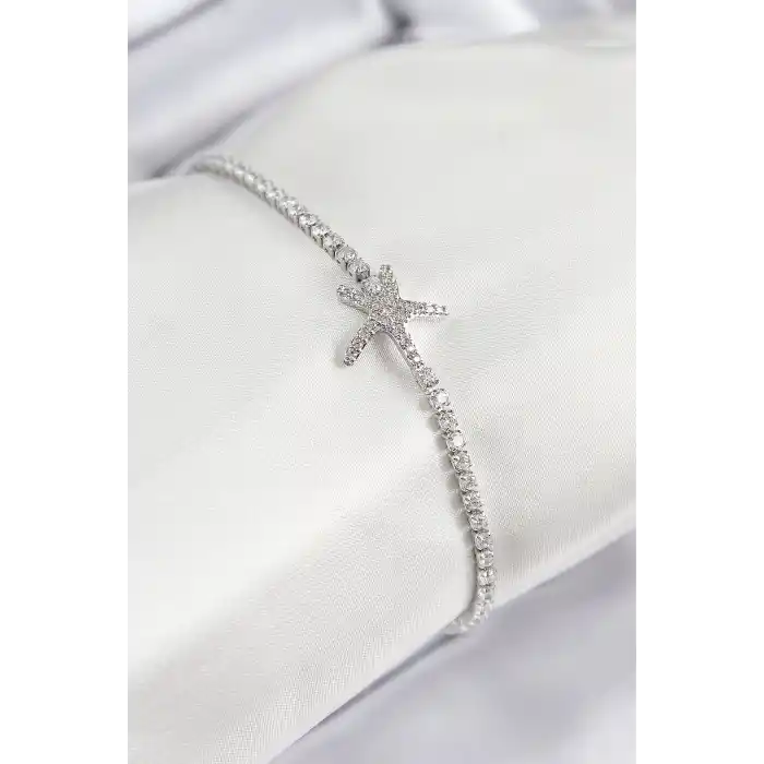 Pirinç Zirkon Taşlı Deniz Yıldızı Model Gümüş Renk Kadın Bileklik