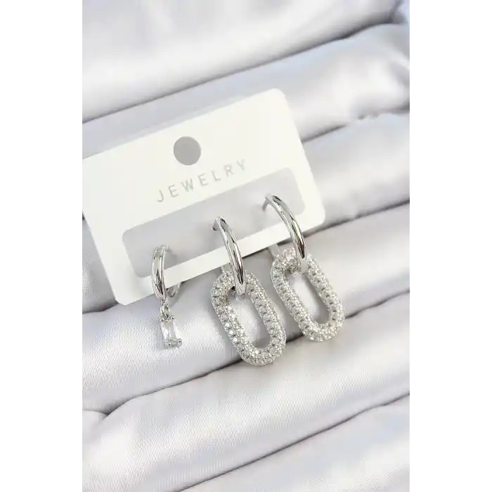 Pirinç Zirkon Taşlı Dikdörtgen Model Gümüş Renk 3lü Çift Kadın Küpe Set