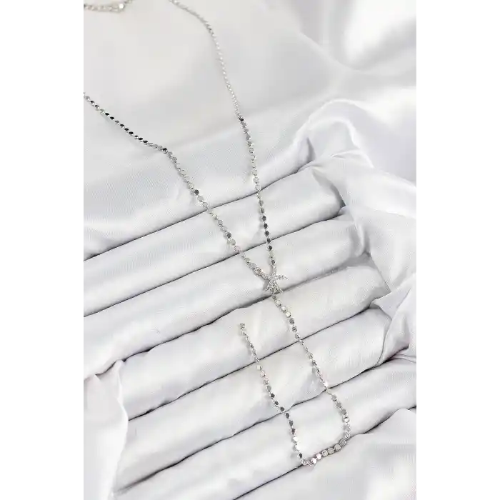 Pirinç Zirkon Taşlı Ezme Zincirli Deniz Yıldızı Model Gümüş Renk Y Kolye