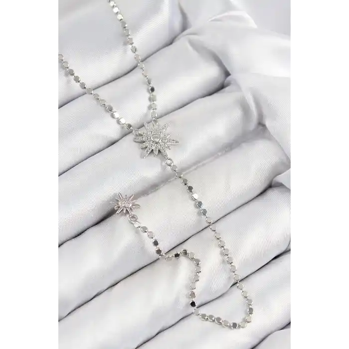 Pirinç Zirkon Taşlı Ezme Zincirli Kutup Yıldızı Model Gümüş Renk Y Kolye