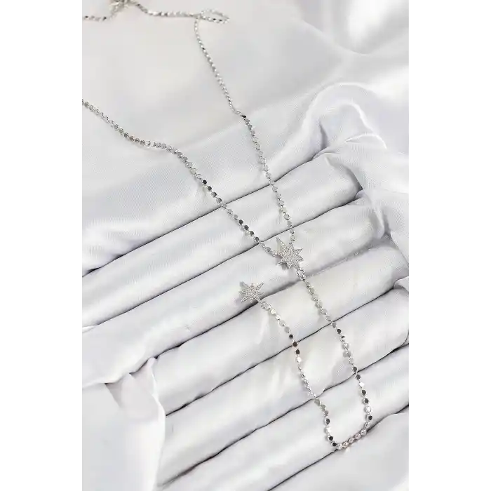 Pirinç Zirkon Taşlı Ezme Zincirli Kutup Yıldızı Model Gümüş Renk Y Kolye