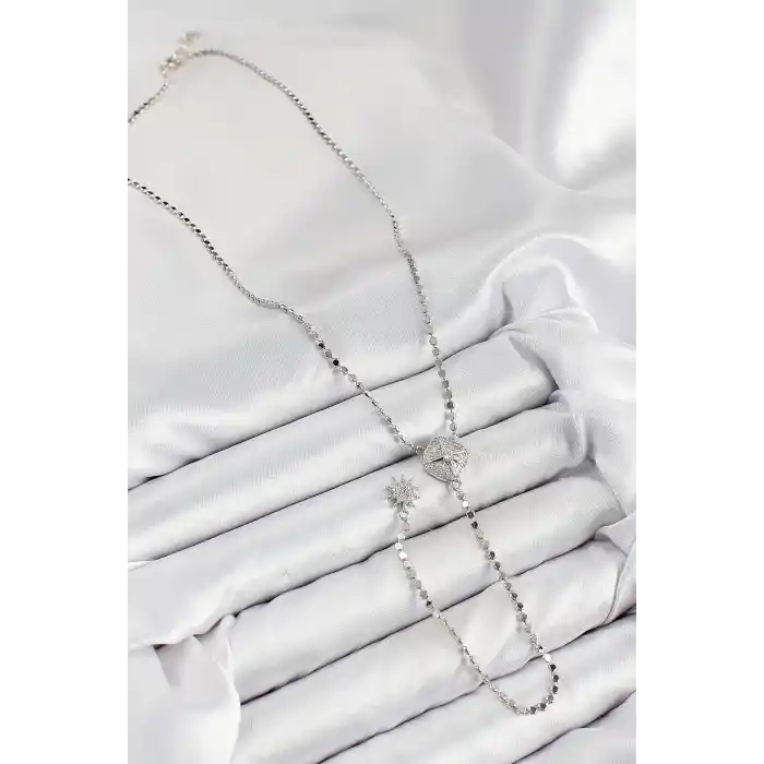 Pirinç Zirkon Taşlı Ezme Zincirli Madalyon Model Gümüş Renk Y Kolye