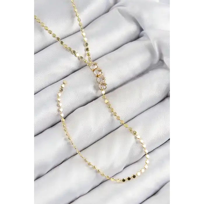 Pirinç Zirkon Taşlı Ezme Zincirli Model Gold Renk Y Kolye