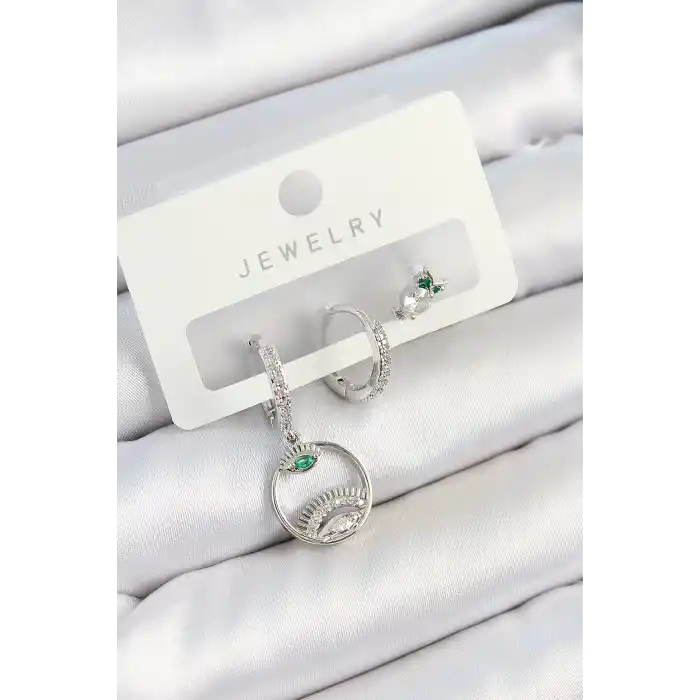 Pirinç Zirkon Taşlı Göz Ve Baykuş Model Gümüş Renk 3lü Çift Kadın Küpe Set