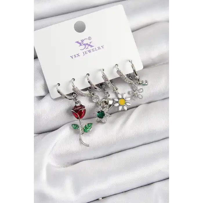 Pirinç Zİrkon Taşlı Gül Ve Papatya Model Gümüş Renk 3lü Çift Kadın Küpe