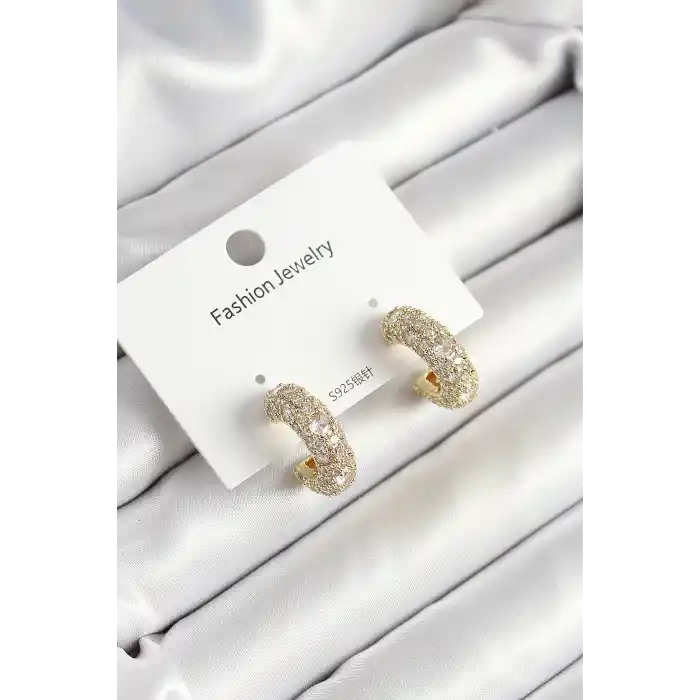 Pirinç Zirkon Taşlı Halka Model Gold Renk Kadın Küpe