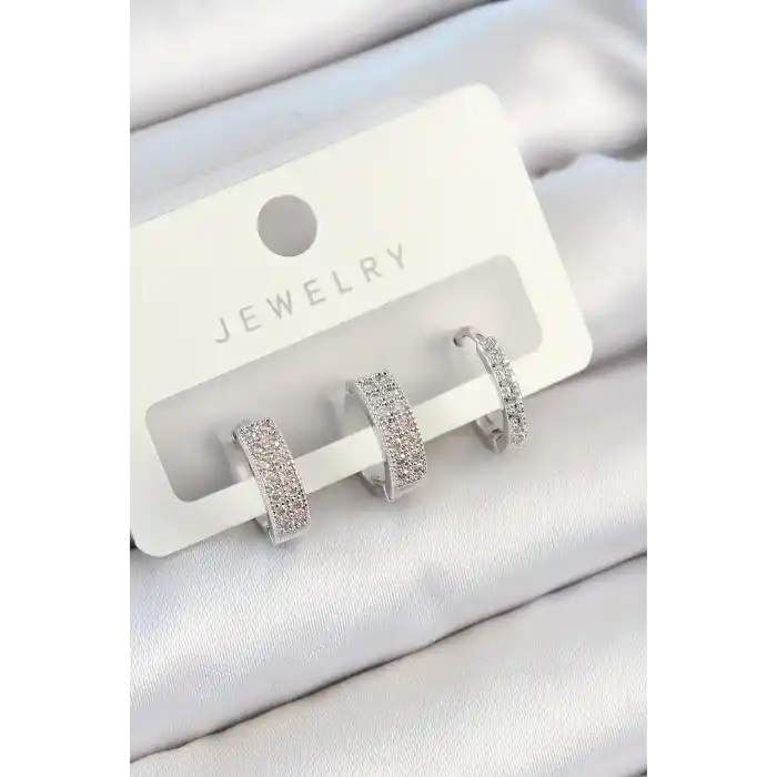 Pirinç Zirkon Taşlı Halka Model Gümüş Renk 3lü Çift Kadın Küpe Set