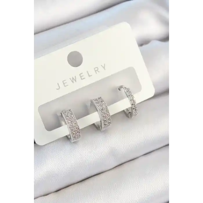 Pirinç Zirkon Taşlı Halka Model Gümüş Renk 3lü Çift Kadın Küpe Set