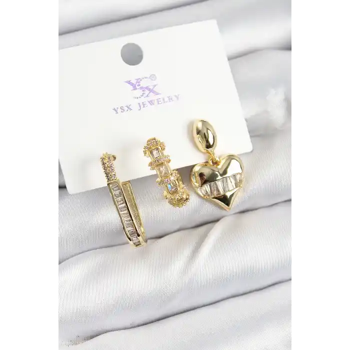 Pirinç Zİrkon Taşlı Kalp Model Gold Renk 3lü Kadın Küpe