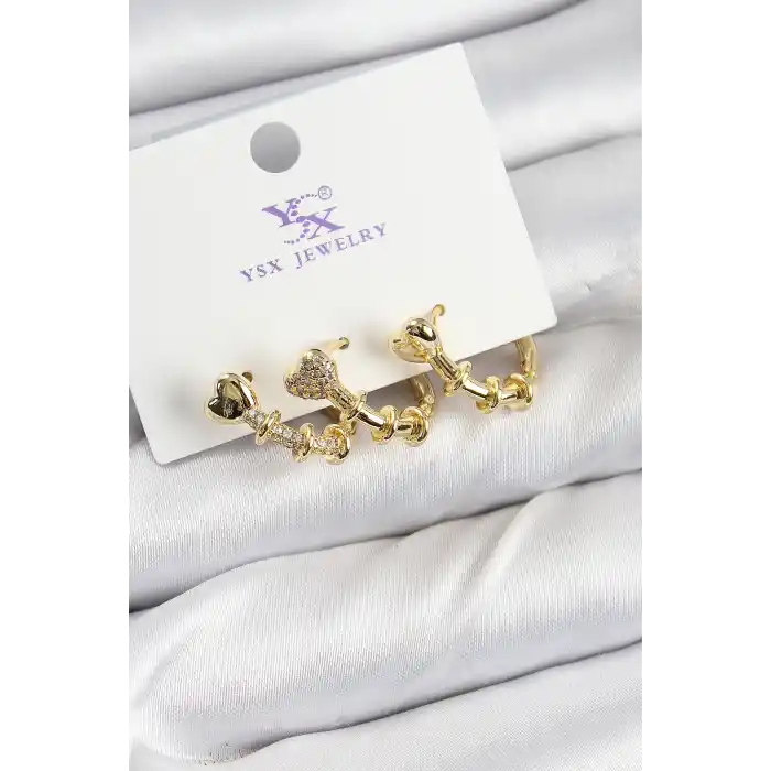Pirinç Zİrkon Taşlı Kalp Model Gold Renk 3lü Kadın Küpe