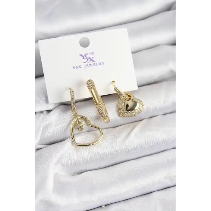 Pirinç Zİrkon Taşlı Kalp Model Gold Renk 3lü Kadın Küpe