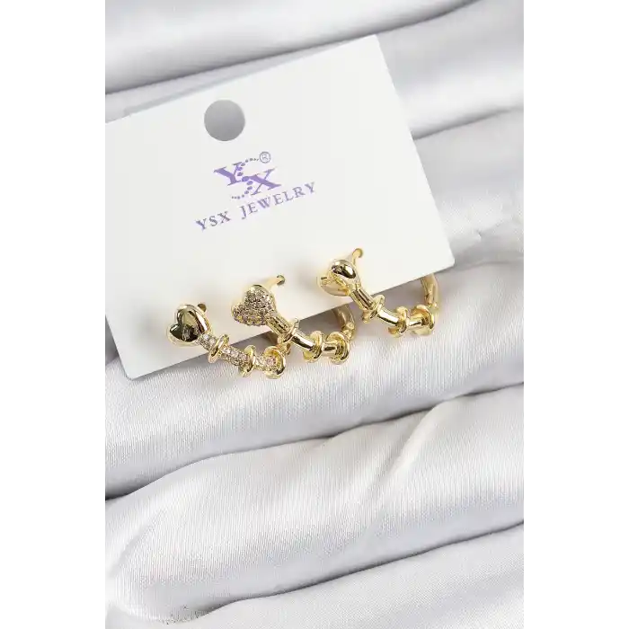 Pirinç Zİrkon Taşlı Kalp Model Gold Renk 3lü Kadın Küpe