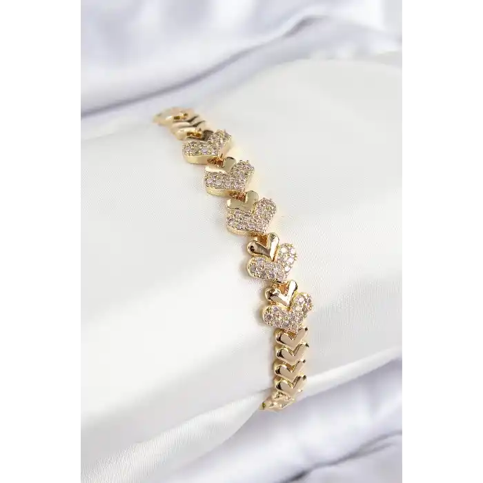 Pirinç Zirkon Taşlı Kalp Model Gold Renk Kadın Bileklik
