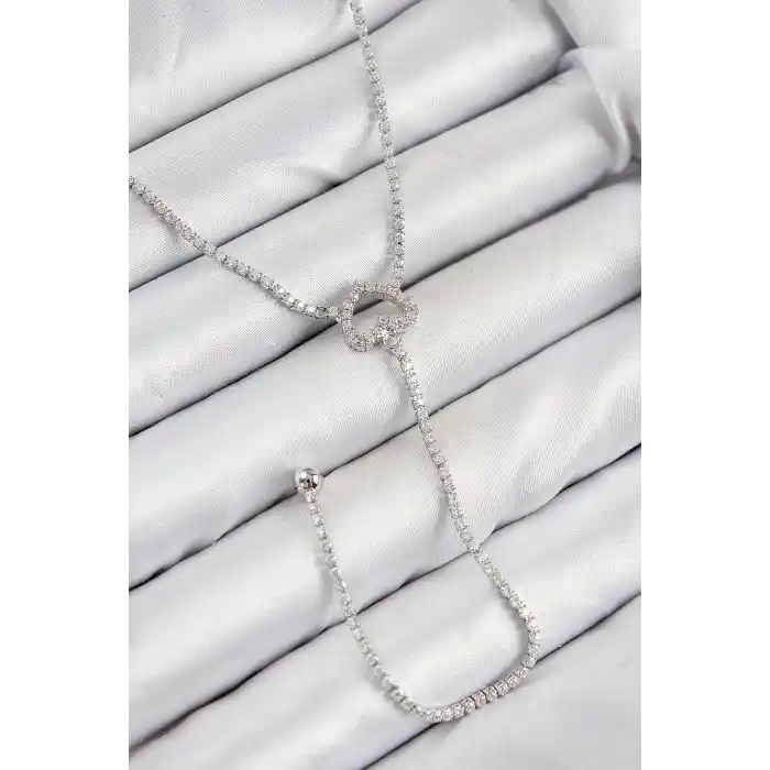 Pirinç Zirkon Taşlı Kalp Model Gümüş Renk  Y Kolye