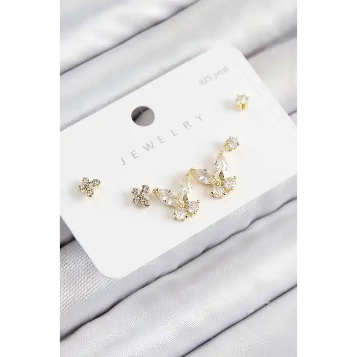 Pirinç Zirkon Taşlı Kelebek Model Gold Renk 925 Ayar Gümüş Çivi Kadın Küpe Set
