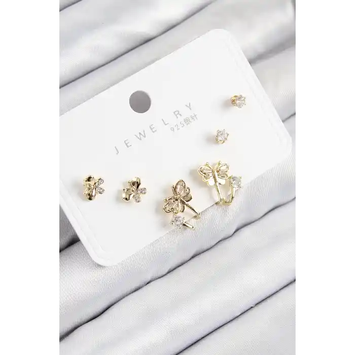 Pirinç Zirkon Taşlı Kelebek Model Gold Renk 925 Ayar Gümüş Çivi Kadın Küpe Set