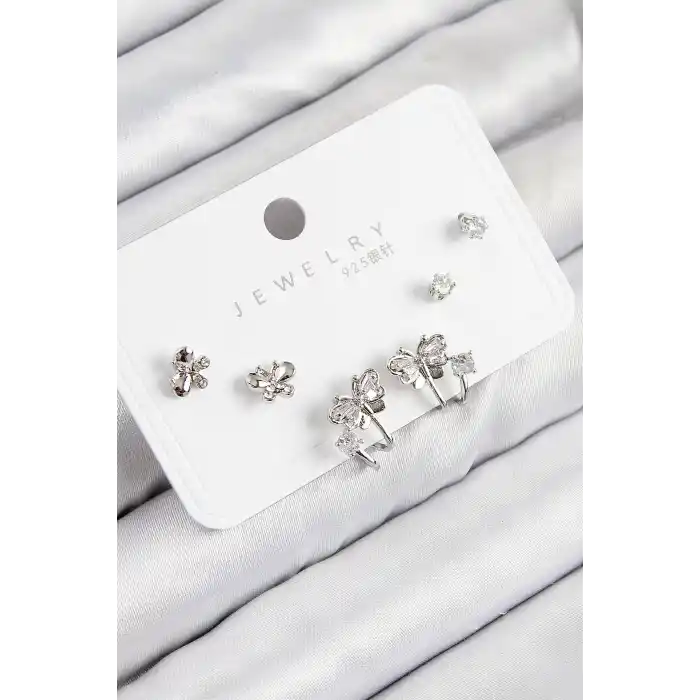 Pirinç Zirkon Taşlı Kelebek Model Gümüş Renk 925 Ayar Gümüş Çivi Kadın Küpe Set