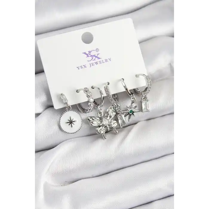 Pirinç Zİrkon Taşlı Kelebek ve Yıldız Model Gümüş Renk 3lü Çift Kadın Küpe