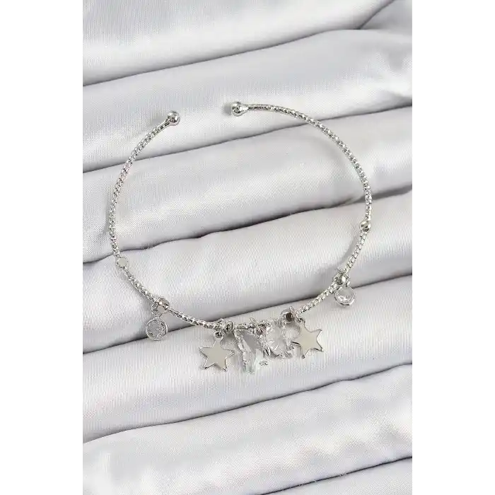 Pirinç Zirkon Taşlı Kelebek Ve Yıldız Model Gümüş Renk Charm Bileklik