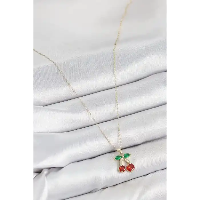 Pirinç Zirkon Taşlı Kiraz Model Gold Renk Kadın Kolye