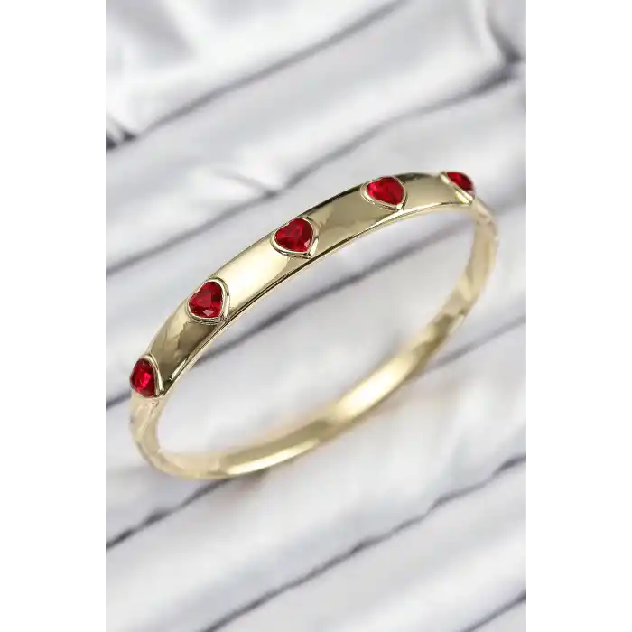 Pirinç Zirkon Taşlı Kırmızı Kalp Model Gold Renk Kadın Kelepçe