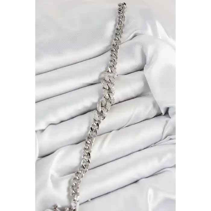 Pirinç Zirkon Taşlı Küba Zincir Model Gümüş Renk Kadın Bileklik