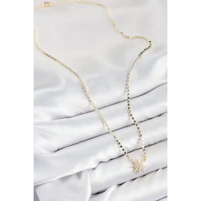 Pirinç Zirkon Taşlı Kutup Yıldızı Model Ezme Zincir Gold Renk Kadın Kolye