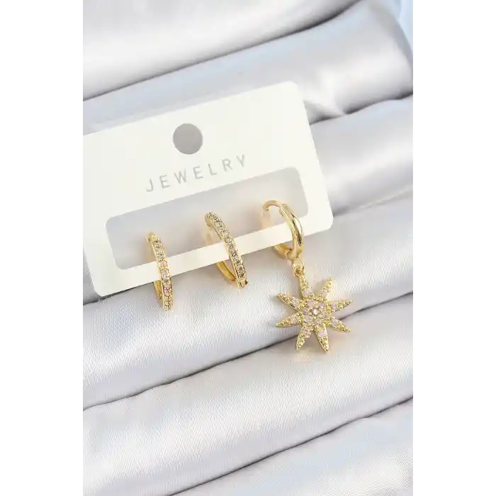 Pirinç Zirkon Taşlı Kutup Yıldızı Model Gold Renk 3lü Çift Kadın Küpe Set